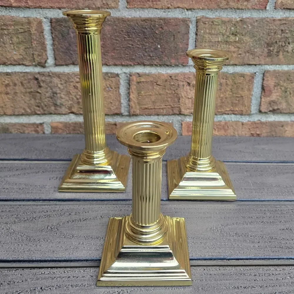 Baldwin Brass Column Candlesticks Smithsonian Shiny Gold Tone Metal Set of 3 Vtg